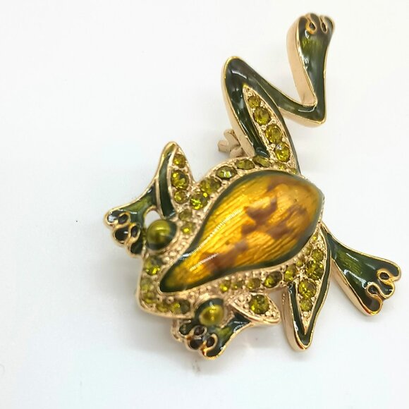 Liz Claiborne Leaping Frog Brooch Vintage Gold Tone Pin with Green Rhinestones - Picture 2 of 6